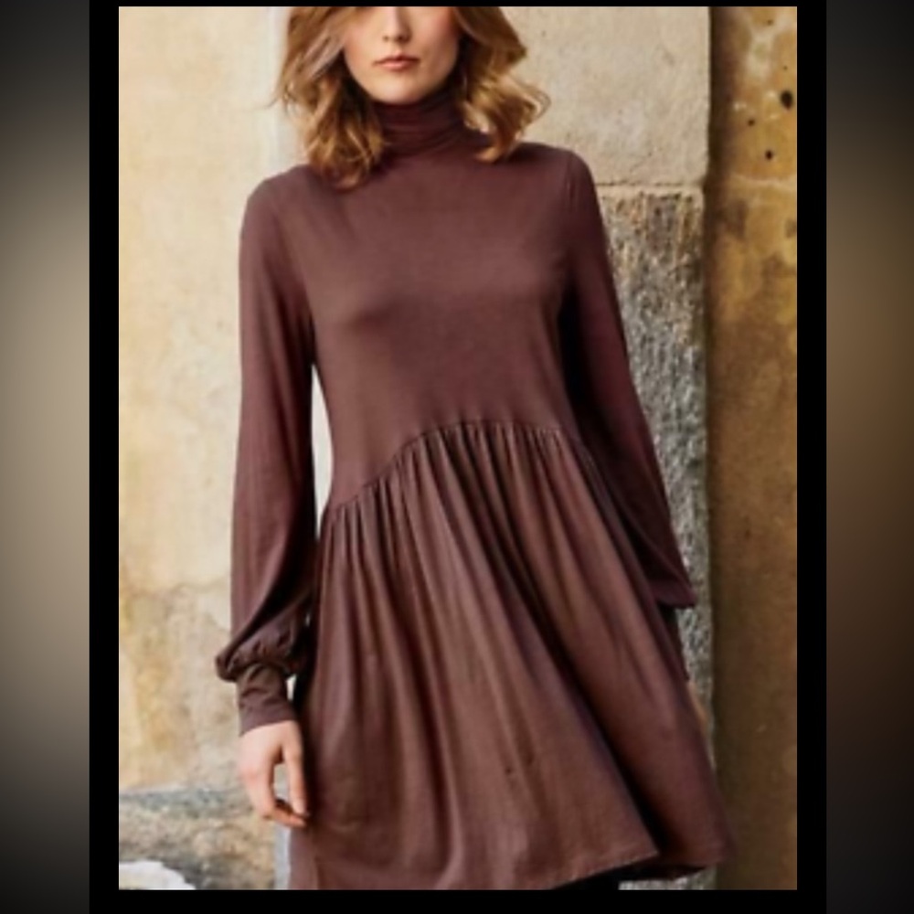 Peruvian Connection BROWN Nicole TURTLE NECK DRESS long Sleeves Flowy Women’s S
